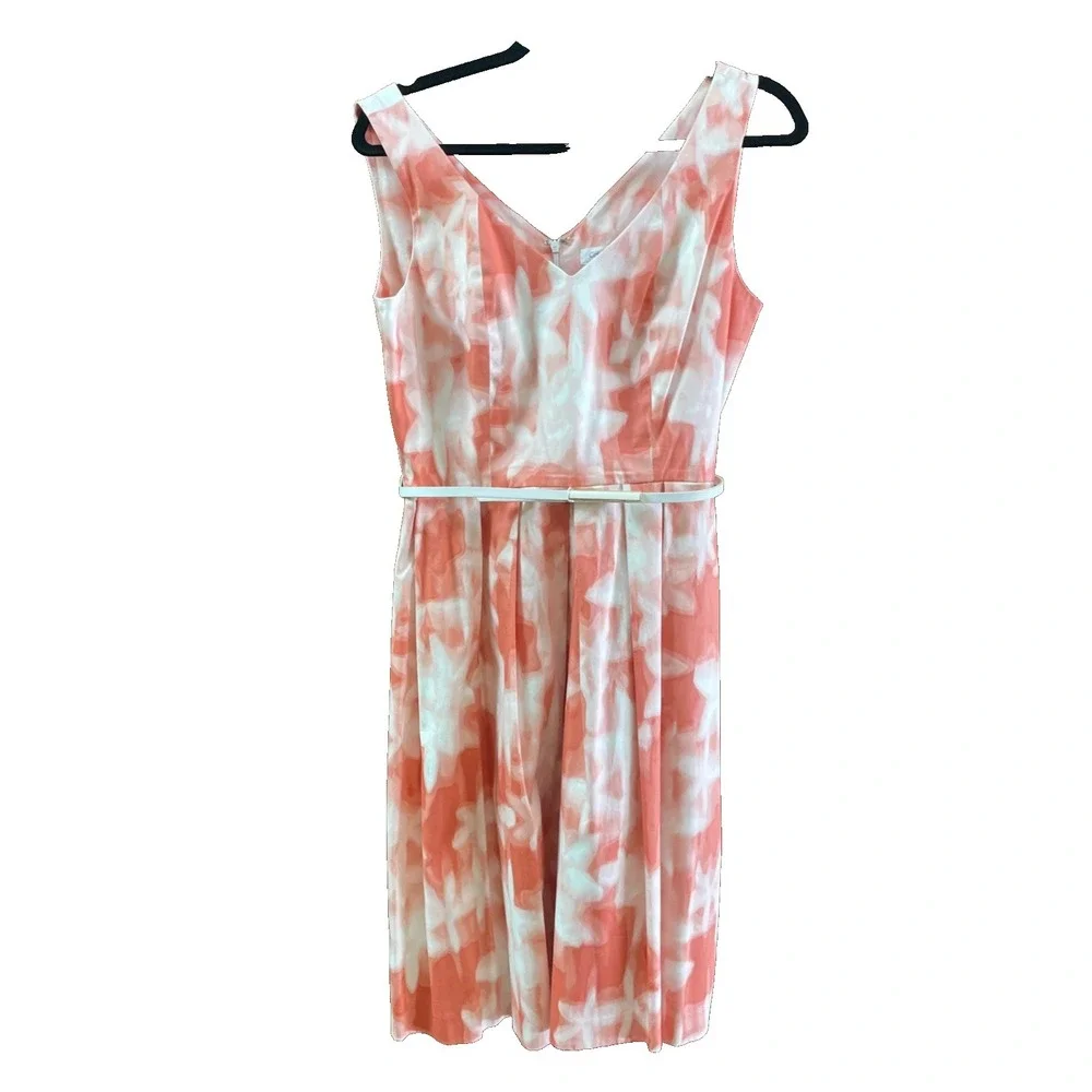 Calvin Klein Watercolor Belted Dress Pleated  Size 8 Pink White V Neck